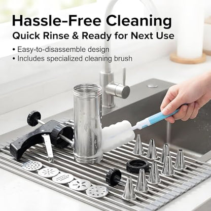 Stainless steel cookie press, cookie press gun set with 13 cookie press plates, a sponge brush and 8 piping nozzles, ideal for DIY Christmas cookies and decorative cookie nozzles, gift for women
