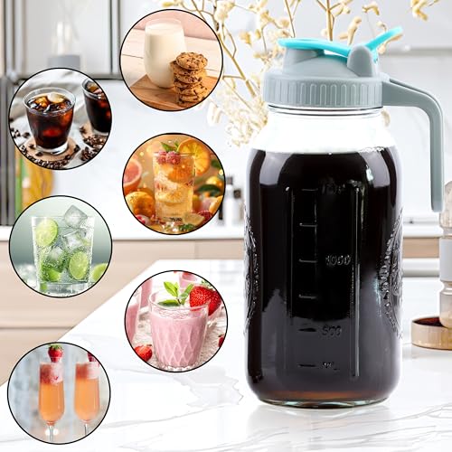 Cold Brew Coffee Maker 64 Oz Wide Mouth Mason Jar Iced Coffee Maker 2 Set Half Gallon Glass Pitcher With Strainer 2 Quart Cold Brew Pitcher With Spout Lids For Fridge, Lemonade, Cold Brew, Milk