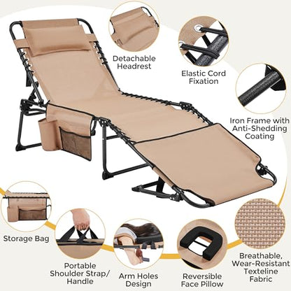 Yaheetech 26.4" Tanning Chair with Face Hole, Adjustable 5-Position Folding Chaise Lounge Chairs, Outdoor Lounge Chairs for Lawn, Beach, Patio, Beige