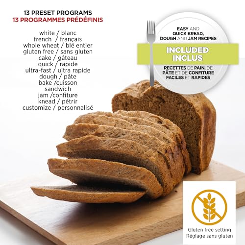 Starfrit Electric Bread Maker - 2lb Loafs - Non-Stick Removable Pan - Automatic Nut Dispenser - 13 Preset Programs - 550W