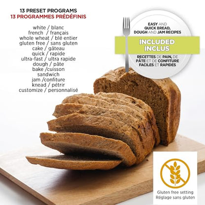Starfrit Electric Bread Maker - 2lb Loafs - Non-Stick Removable Pan - Automatic Nut Dispenser - 13 Preset Programs - 550W