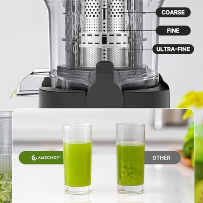 AMZCHEF Cold Press Juicer, 5.4" Juicer Machines with Large Feed Chute for Whole Fruits & Vegetables, Stainless Steel Juice Extractor with Large Auger, Dual Strainers, Easy Cleanup & Assembly