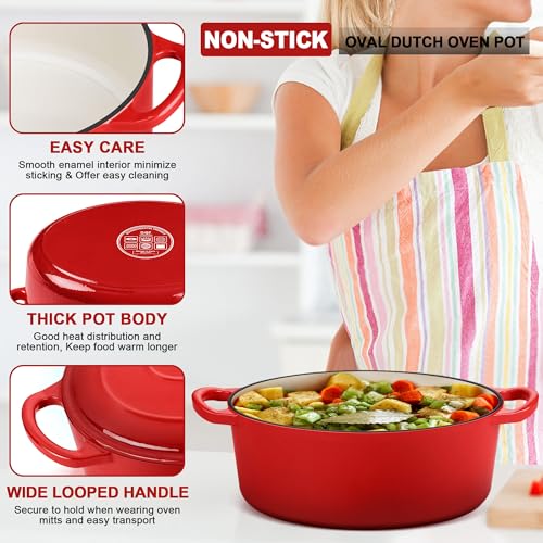 E-far 7QT Oval Dutch Oven Pot with Lid, Enameled Cast Iron Dutch Oven with Dual Handles for Sourdough Bread Baking Cooking, Nonstick Enamel Coated Cookware(Red), Non-Toxic & Easy Clean