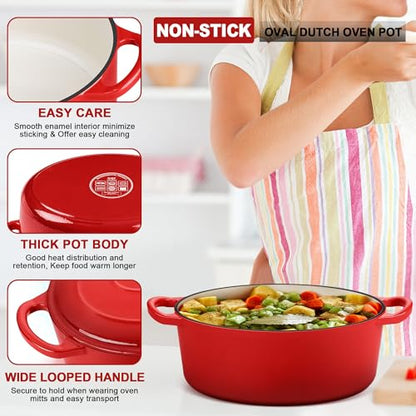 E-far 7QT Oval Dutch Oven Pot with Lid, Enameled Cast Iron Dutch Oven with Dual Handles for Sourdough Bread Baking Cooking, Nonstick Enamel Coated Cookware(Red), Non-Toxic & Easy Clean