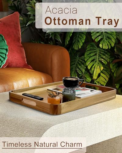 OurMiao 22 Inches Acacia Wood Serving Tray with Handles, Large Wooden Rectangle Ottoman Tray, Nice Home Decor for Living Room Coffee Table Couch, Ideal Size for Serving Food Breakfast BBQ Party