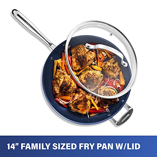 Granitestone 14 Inch Frying Pan with Lid, Non Stick Skillet for Cooking, Nonstick Diamond Coated Large Frying Pan, Family Sized, Oven & Dishwasher Safe Up to 500°F, 4.5 Qt Aluminum Skillet, Blue
