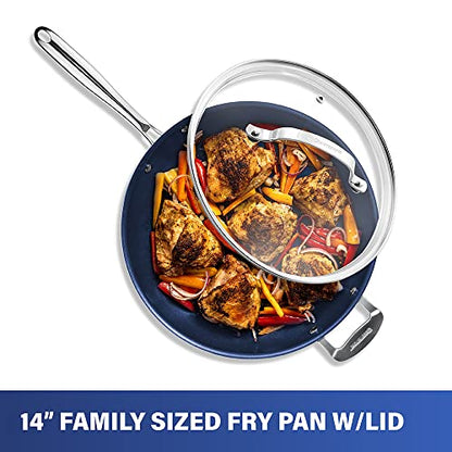 Granitestone 14 Inch Frying Pan with Lid, Non Stick Skillet for Cooking, Nonstick Diamond Coated Large Frying Pan, Family Sized, Oven & Dishwasher Safe Up to 500°F, 4.5 Qt Aluminum Skillet, Blue