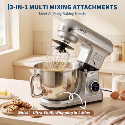 Garvee 5.3 QT Tilt-Head Stand Mixer, 500W Motor, 8-Speed Electric Kitchen Mixer with Stainless Steel Bowl, Dough Hook, Flat Beater & Wire Whisk for Bread Dough, Cake, Cookies & Pizza, Silver