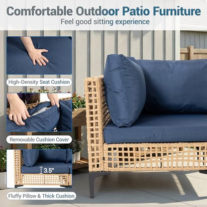 WiNVO 5-Piece Outdoor Wicker Patio Sectional Furniture Set, Dark Blue