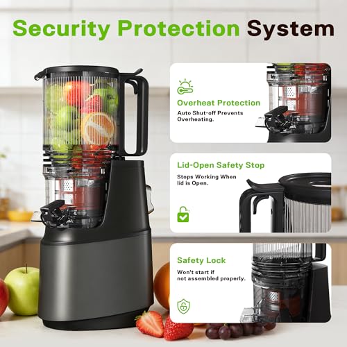 Cold Press Juicer, Juicer Machines with 5.3" Wide Feed Chute, Slow Masticating Juicer for Whole Fruits and with Vegetables High Yield (Gray)