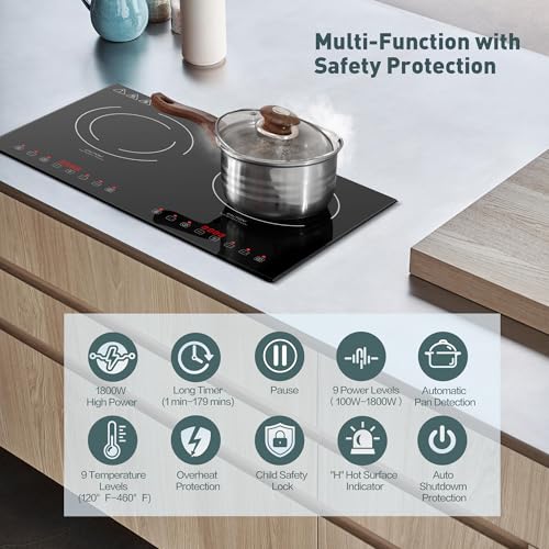 Induction Cooktop with 2 Burners, Horizontal Electric Stove, Built-In Induction Cooker, 1800W Sensor Touch Electric Cooktop, 9 Power Levels, Timer, Safety Lock, 120V, 20 Inch