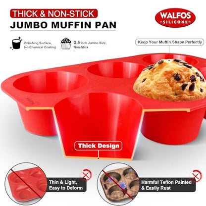 Walfos Silicone Texas Muffin Pan Set- 6 Cup Jumbo Silicone Cupcake Pan, Non-Stick, Just PoP Out! Perfect for Egg Muffin, Big Cupcake - BPA Free and Dishwasher Safe, Set of 2