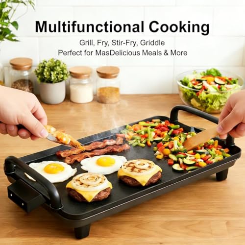 Rectangular Electric Griddle, 1400W, Non-Stick Cooking Surface, 5 Adjustable Temperatures, Dishwasher Safe, Smokeless Indoor Grill, Black
