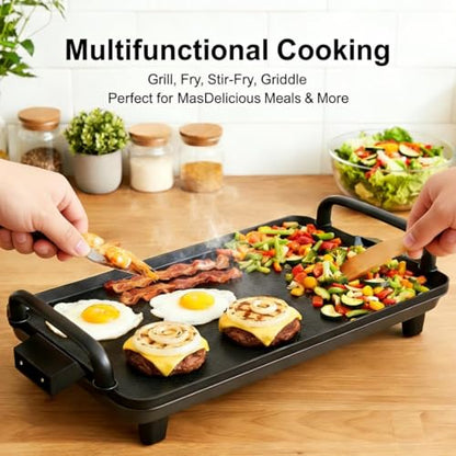 Rectangular Electric Griddle, 1400W, Non-Stick Cooking Surface, 5 Adjustable Temperatures, Dishwasher Safe, Smokeless Indoor Grill, Black