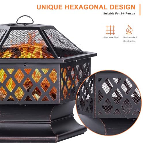 Panovue 28Inch Outdoor Fire Pit, Hexagon Shaped Wood Burning Firepit for Outside Bonfire, Patio, Backyard and Camping (Antique Bronze)