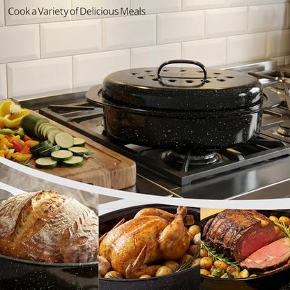 13” Enamel Roaster With Lid Oval Roasting Pan For Oven,Turkey Roaster Pot Broiler Pan Chicken Vegetables Suitable For Dining With Two People High Cookware Small Baking Pan