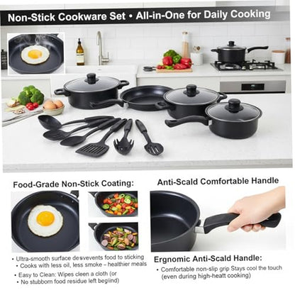 Non Stick Pots and Pans Set 13 Piece Cookware Set with Frying Pans Saucepan Lids Spoon Spatula and Accessories for Home Kitchen Cooking Non Stick Cookware for Daily Use