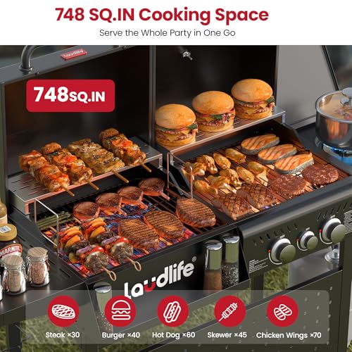 LAUDLIFE Gas and Charcoal Grill Combo with Side Burner, 3 Burners Propane BBQ Grill, 748 SQ.IN Cooking Space, Non-Stick Enamel Coating Grates, Heavy-Duty Stand for Backyard & Outdoor Barbecue