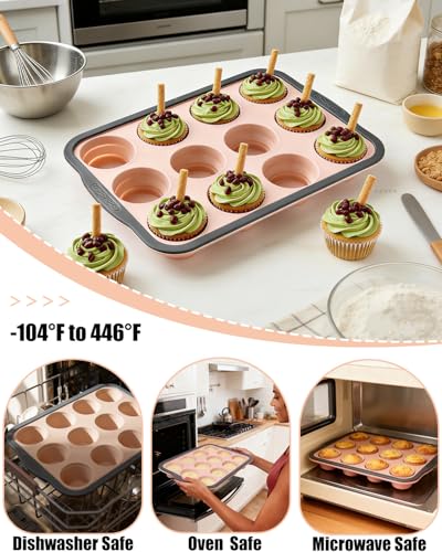 LGQUK Silicone Muffin Pan for Baking with Metal Frame， Nonstick Cupcake Pan， 12 Cup Baking Pan for Cupcake, Tarts, Egg Bites(12 Cup Pink)