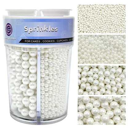 Sprinkles for Cake Decorating, 7.8oz White Pearl Sprinkles 4 Sizes Mix for Cake Cupcake Cookie Baking Donuts Ice Cream Toppings