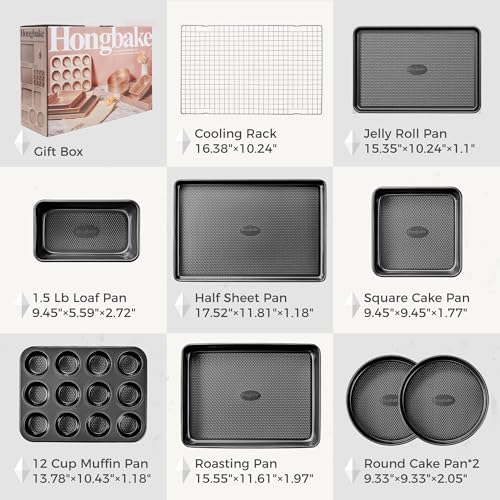 HONGBAKE 9-Piece Baking Pans Set Nonstick, Stackable Non Toxic Bakeware Sets with Diamond Texture, Oven Pan Set for Cooking, Includes Cookie Sheet with Rack, Cake Pan, Roasting Pan, Muffin Tin, Gray