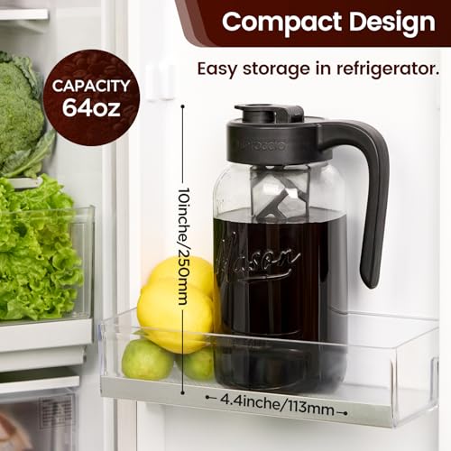Spreccio Cold Brew Coffee Maker Glass, Airtight & Leakproof Mason Jar Pitcher with Cold Brew Filter, 64 oz Glass Pitcher with Lid for Iced Coffee, Lemonade, Ice Tea