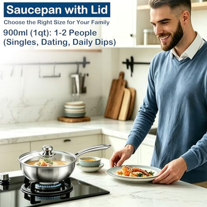1 Quart Saucepan with Lid, 7Inch Mini Saucepan for 1 Person, Stainless Steel Saucier Pan Small Pot for Milk, Oatmeal & Noodles, 900ML