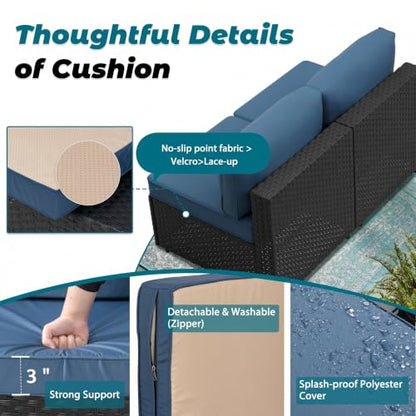 SUNLEI 7pcs Patio Conversation Sets Outdoor Furniture Sets, High Back All-Weather Rattan Sectional Sofa with Tea Table&Washable Couch Cushions(Black Rattan)(Aegean Blue)