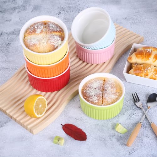 YAZYLIFE Ramekins 4oz,Creme Brulee Ramekins and Souffle Dishes,Porcelain Oven Safe Baking Bowls,Pudding Cups,Dipping bowl,Set of 6,Pink.