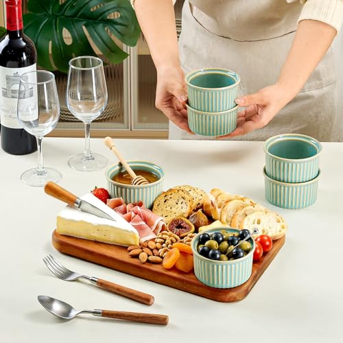 NUTRIUPS 6oz Ceramic Ramekins Set of 6, Vintage Souffle Dishes - Oven Safe Small Baking Bowls for Pudding, Creme Brulee & Custard (Vintage Green, 6 OZ)