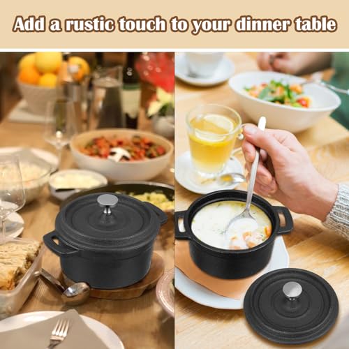 Suttmin 4 Pcs Mini Dutch Oven Small Round Iron Cocotte Black Dutch Oven Pot with Lid and Dual Handles Cast Iron Pot for Stovetop Use Marinate Cook Bake Refrigerate Garlic, Individual Servings(20 oz)