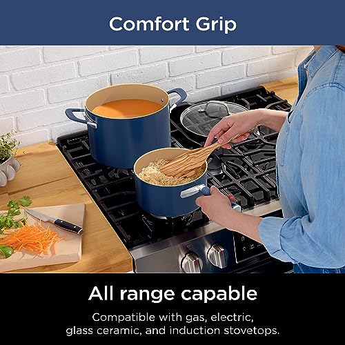 Ninja Ceramic Cookware Set, Extended Life 11-Piece Kitchen Cookware Sets with Comfort Grip, Nonstick Fry Pans, Pots, PTFE Free, Oven & Dishwasher Safe, Stovetop Compatible, Navy Blue, CW49011