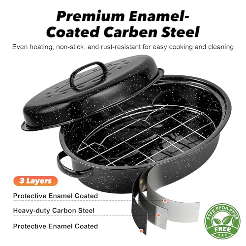 15” Roaster Pan with Lid and Rack, Small Enamel Roaster Pan with Oval Roasting Rack, Granite Baking Pot for Chicken Turkey Lamb, Heat Resistant, Oven/Dishwasher/All Stovestops Compatible