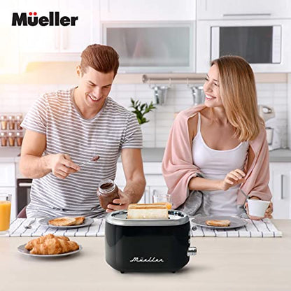 MUELLER HOME Retro Toaster 2 Slice, 7 Browning Levels, 3 Functions (Reheat, Defrost, Cancel), Stainless Steel Features, Removable Crumb Tray, Under Base Cord Storage, Black