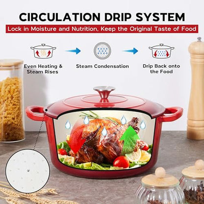 3QT Dutch Oven Pot with Lid, Onader Enameled Cast Iron Small Dutch Oven for Bread Sourdough Baking, Heavy Duty - Red