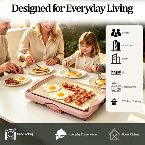 I-Keukenn 20" Pink Electric Griddle & Skillet with Ceramic Non-Stick Surface, 1400W Family-Sized Extra Large Baking Pan, Adjustable Temperature & Slide-Out Drip Tray