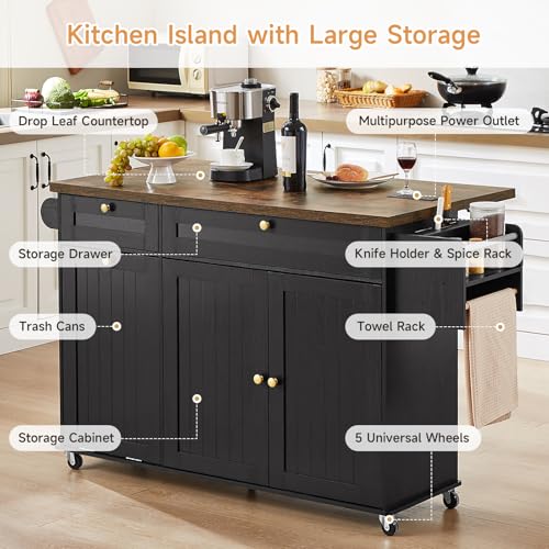 60" Kitchen Island with Power Outlet & Drop Leaf, Kitchen Rolling Island with Spice Rack & Towel Rack, Knife Holder, Kitchen Island Cart with Trash Storage Cabinet, Mobile Island Table for Kitchen