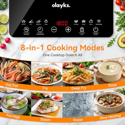 olayks Protable Induction Cooktop, 1800w Hot Plate Electric Stove with Child Safety Lock, Timer, 8 Power Levels, Single Burner Electric Cooktop with Large Heating Coil, Fast Heating