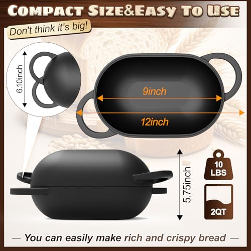 Enameled Cast Iron Oval Bread Oven with Non-Stick Silicone Liner, 2QT, Black, Mini Oval Homemade Sourdough Dutch Oven with Lid, Artisan Bread Loaf Pan for Homemade Bread Five-Years Free Replacement
