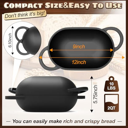 Enameled Cast Iron Oval Bread Oven with Non-Stick Silicone Liner, 2QT, Black, Mini Oval Homemade Sourdough Dutch Oven with Lid, Artisan Bread Loaf Pan for Homemade Bread Five-Years Free Replacement