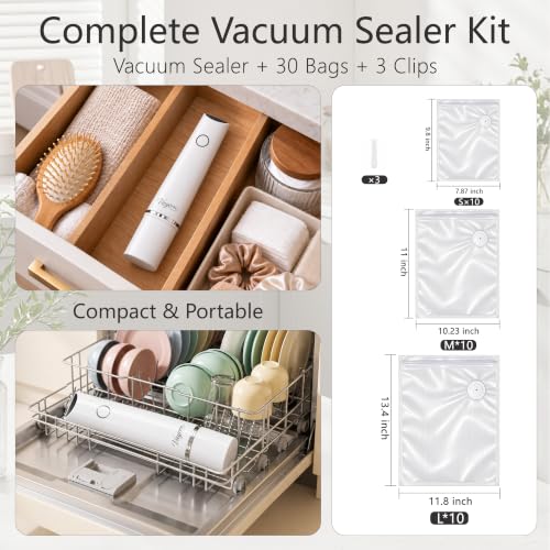 Vieyorn 60kPa Compact Food Vacuum Sealer Kit with 30 Reusable Bags-10S/M/L