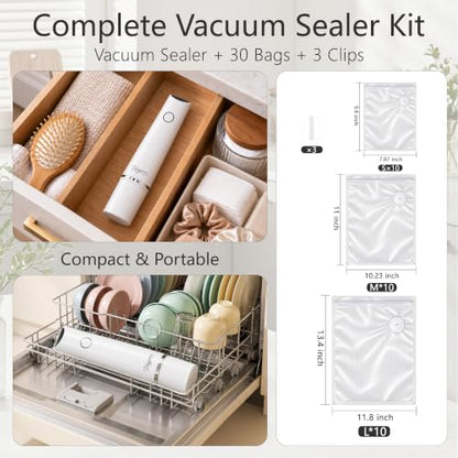 Vieyorn 60kPa Compact Food Vacuum Sealer Kit with 30 Reusable Bags-10S/M/L