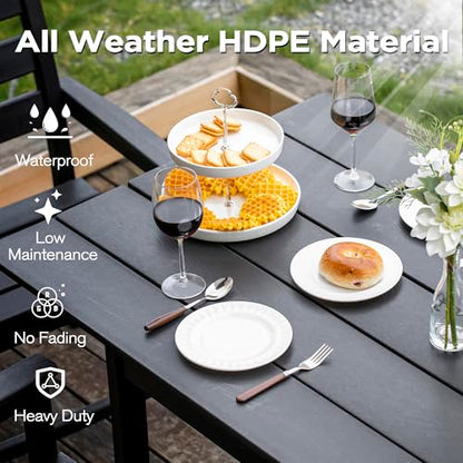 nalone 7-Piece Patio Dining Table Set, HDPE Outdoor Dining Sets with Table and 6 Chairs, Dining Furniture Set with Umbrella Hole (Black, 7 Pcs)
