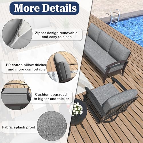 ALAULM Aluminum 3-Seat Patio Furniture Set, Metal Outdoor Furniture Sectional Sofas w/5.1" Cushions for Patio, Backyard, Poolside-Grey