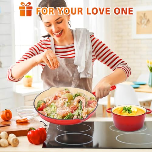 Enameled Cast Iron Cookware Set - 3 PC Set of 5.5QT Dutch Ovens, 2QT Sauce Pan, 10.2 Inch Ceramic Frying Pan, Ceramic Coated Cast Iron Dutch Ovens set, Heavy Duty, Gas/Induction Compatible,Red