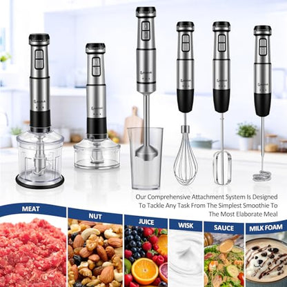 Levstek Immersion Hand Blender Set, 1200W 20-Speed Stainless Steel Stick Blender with 7 Accessories, 500ml & 200ml Chopper Cups, Milk Frother, Egg Beater, for Smoothies, Soups Kitchen Essential