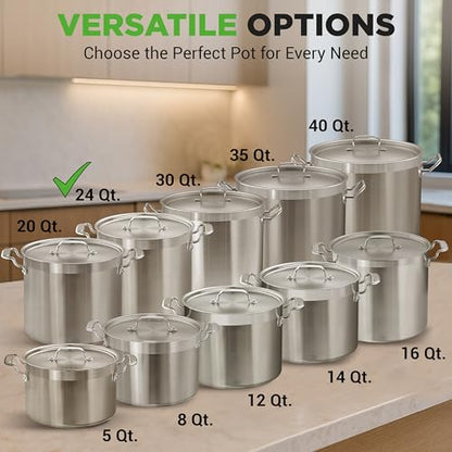 NutriChef Stainless Steel Stock Pot with Lid, 24 Quart Large Stock Pot with Lid for Soup & Stews, Heavy Duty Stainless Steel Cookware, Induction Base, Ergonomic Handles, Polished 18/8