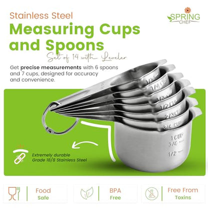 Spring Chef Stainless Steel Measuring Cups and Spoons Set of 14 with Leveler, Nesting Kitchen Metal Measuring Cups and Spoons Set for Dry and Liquid Ingredients, Perfect for Cooking & Baking