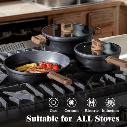 SENSARTE 20Pcs Nonstick Pots and Pans Set, Black Titanium Non Stick Cookware Set, Healthy Kitchen Cooking Set, Induction Compatible, Dishwasher Safe, PFOA/PFOS Free