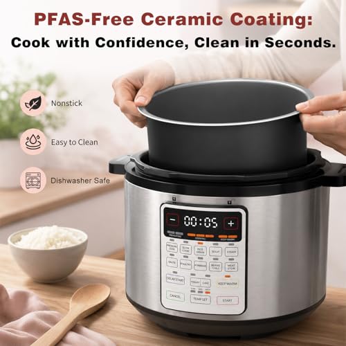 VAJ 8-Quart Electric Pressure Cooker, 12-in-1, 14 Presets, 1200W, Silver